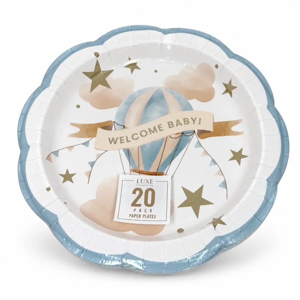 Luxe Collection Welcome Baby Hot Air Balloon Paper Plates 20 Pk Blue Gold 110-82